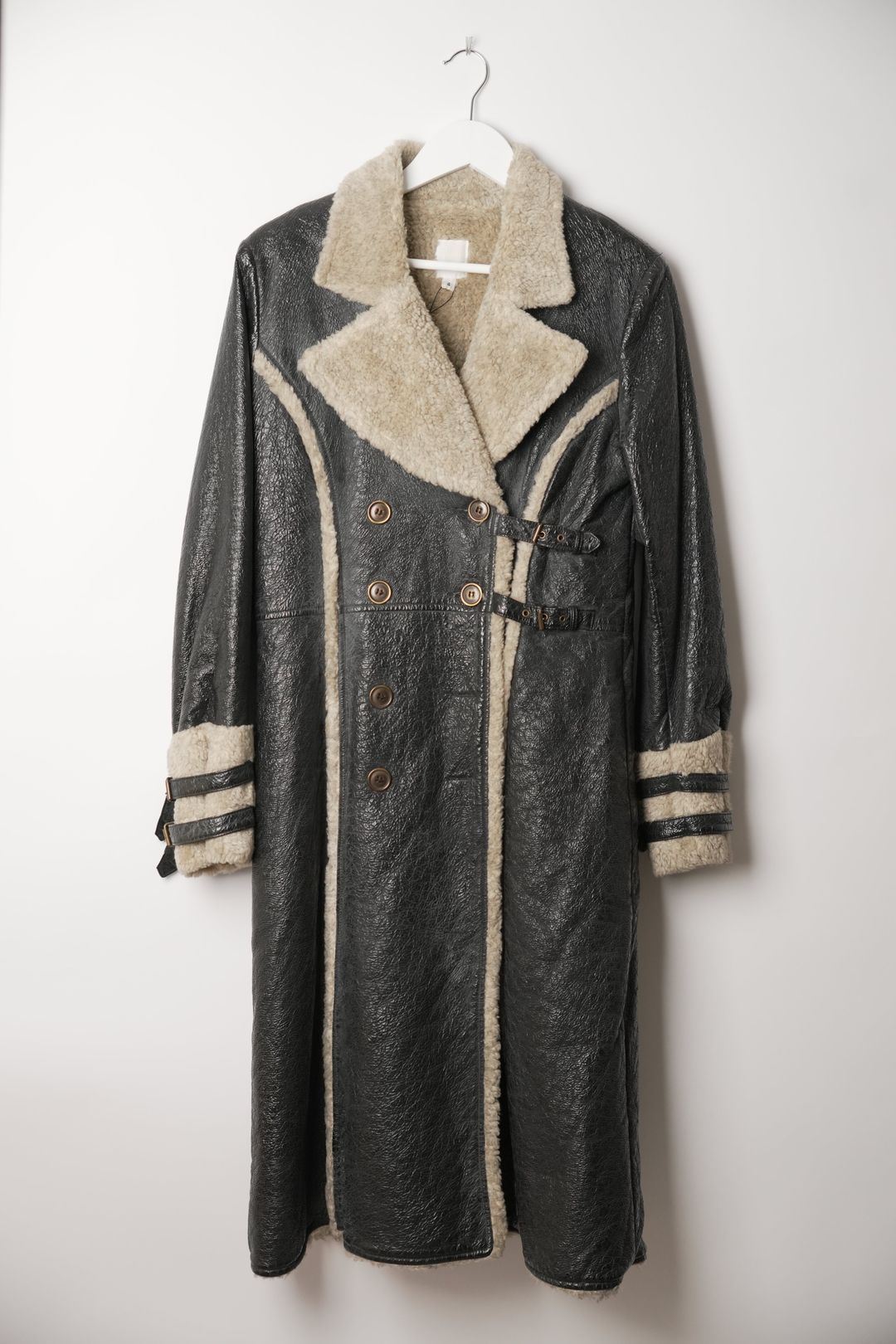 Anna Sui Coated Faux Leather Double Breasted Coat with Shearling-Look Trim by VENDOR-UNKNOWN in size XS from COATS & JACKETS category
