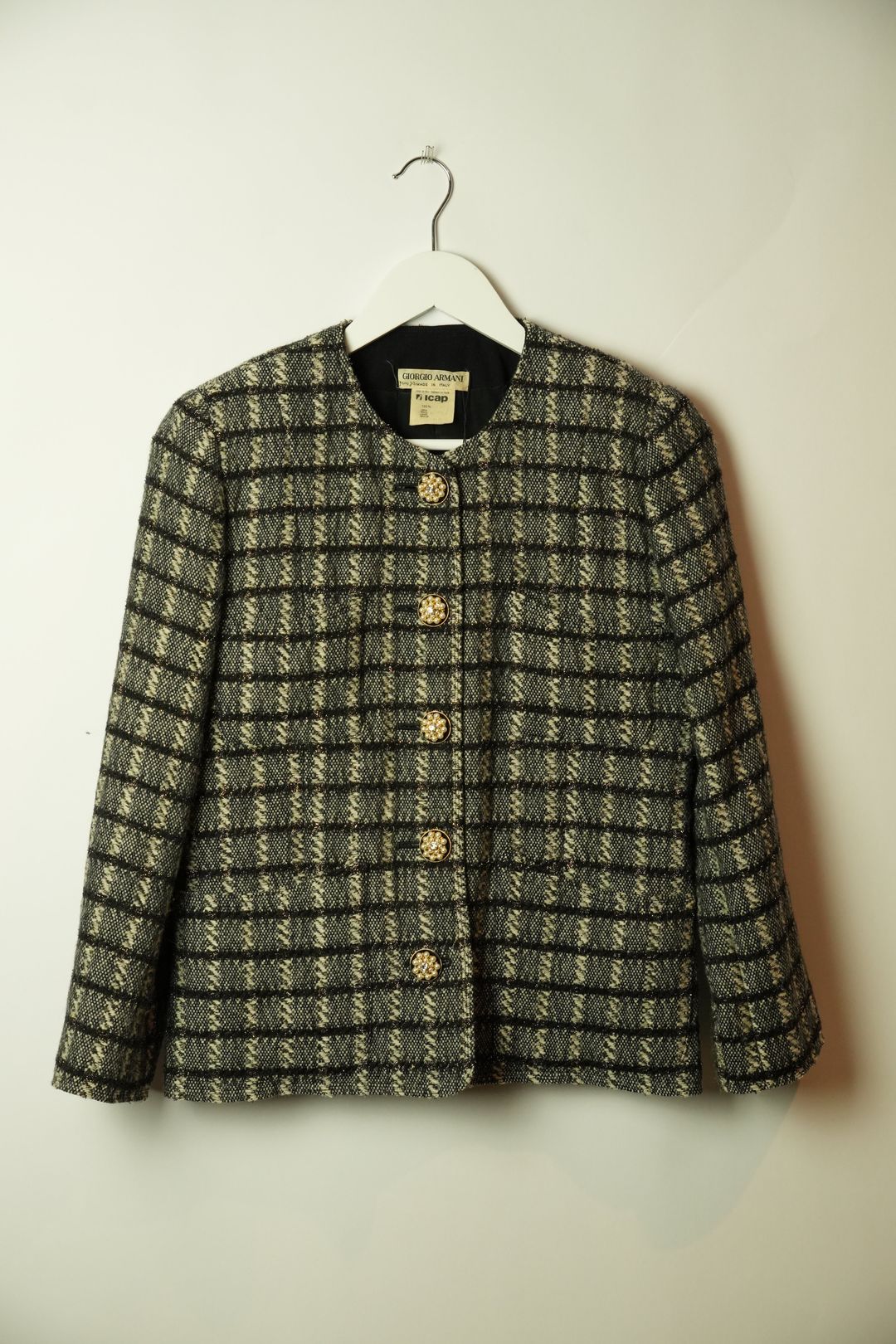 Giorgio Armani Tweed Checkered Collarless Blazer w Pearl Buttons by GIORGIO ARMANI in size S from SUITS category