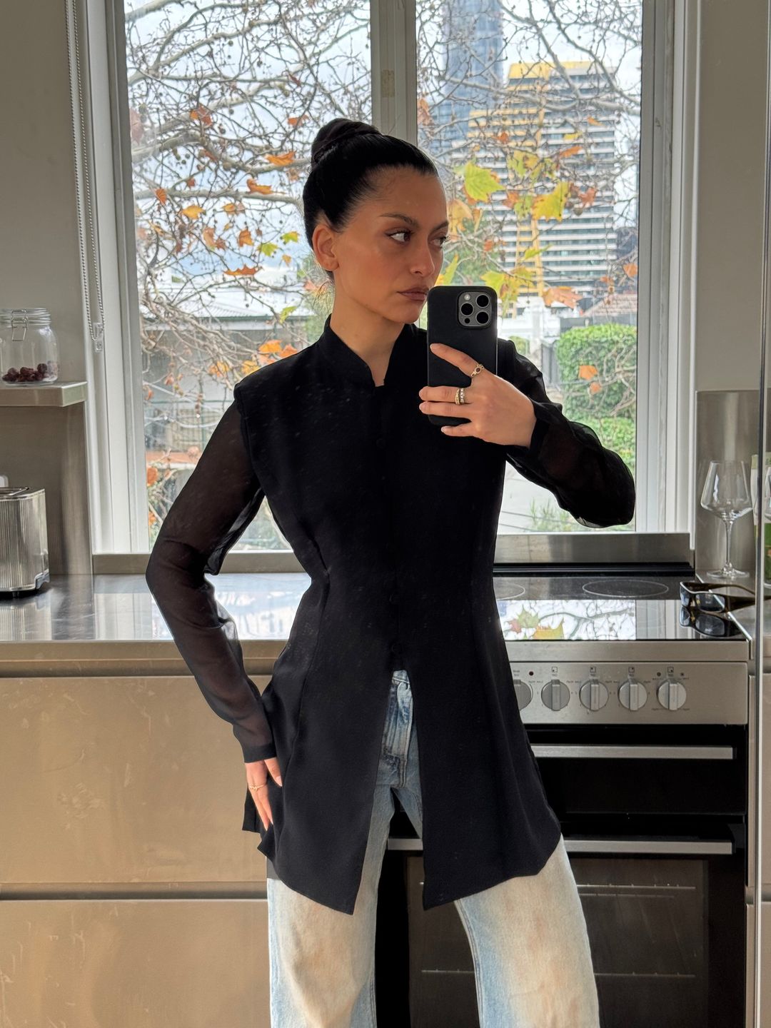 MOGA Black Mandarin Collar Sheer Long Sleeve Shacket by VENDOR-UNKNOWN in size XS from SHIRTS category