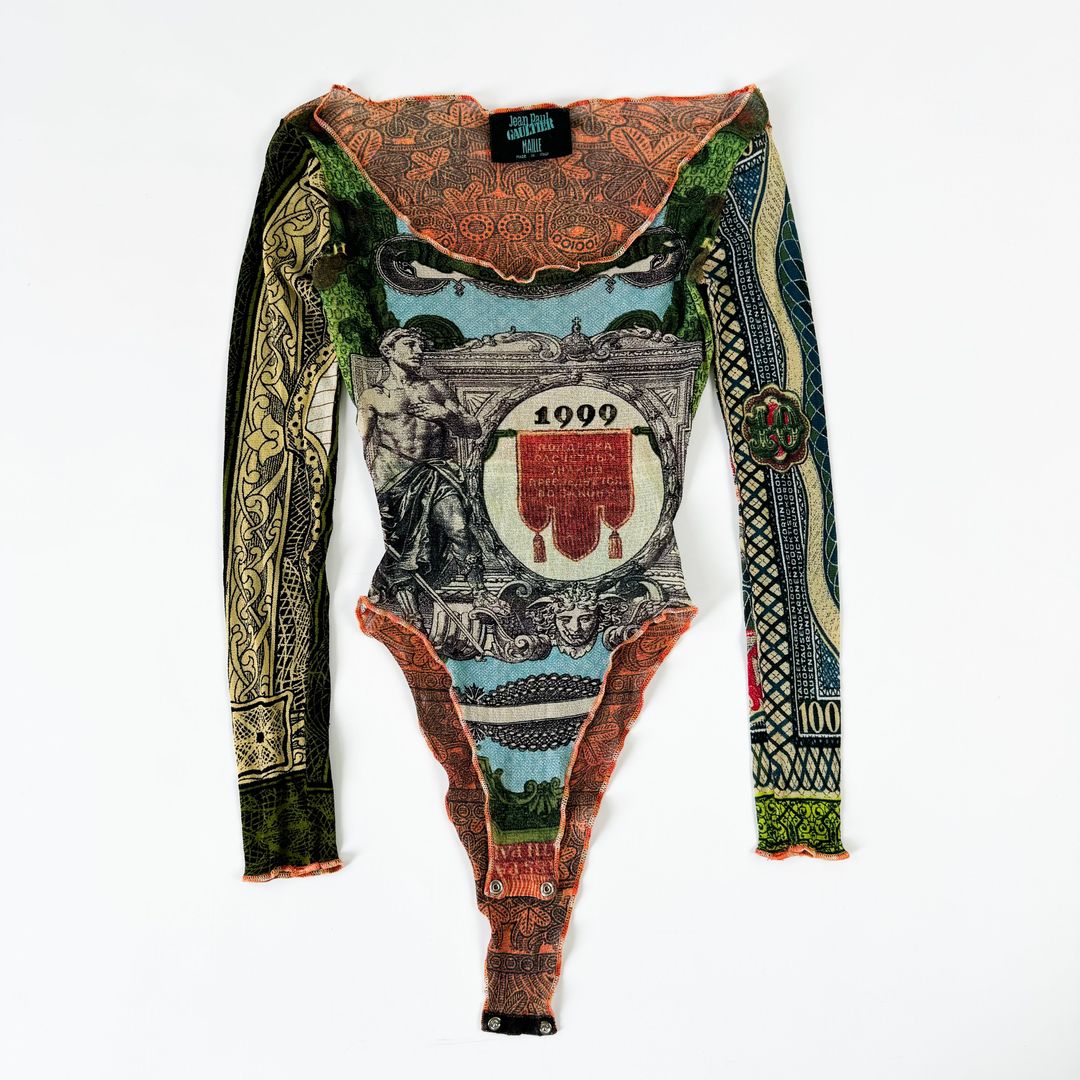 Jean Paul Gaultier Currency Patchwork Mesh Body Suit SS1994 by JEAN PAUL GAULTIER in size S from TOPS category