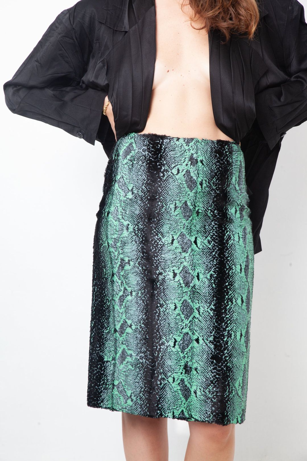 Dries van Noten Fall 2020 python print turquoise and black velvet pencil skirt by DRIES VAN NOTEN in size FR 36 from SKIRTS category