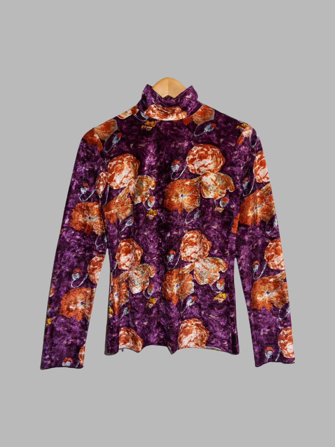 Jean Colonna orange purple floral print velour mock neck long sleeve top by Jean Colonna in size ONE SIZE from TOPS category