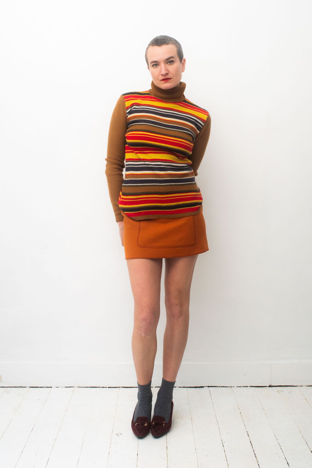D&G 2000's wool striped turtleneck sweater in orange, brown, red & blue by D&G in size S from TOPS category