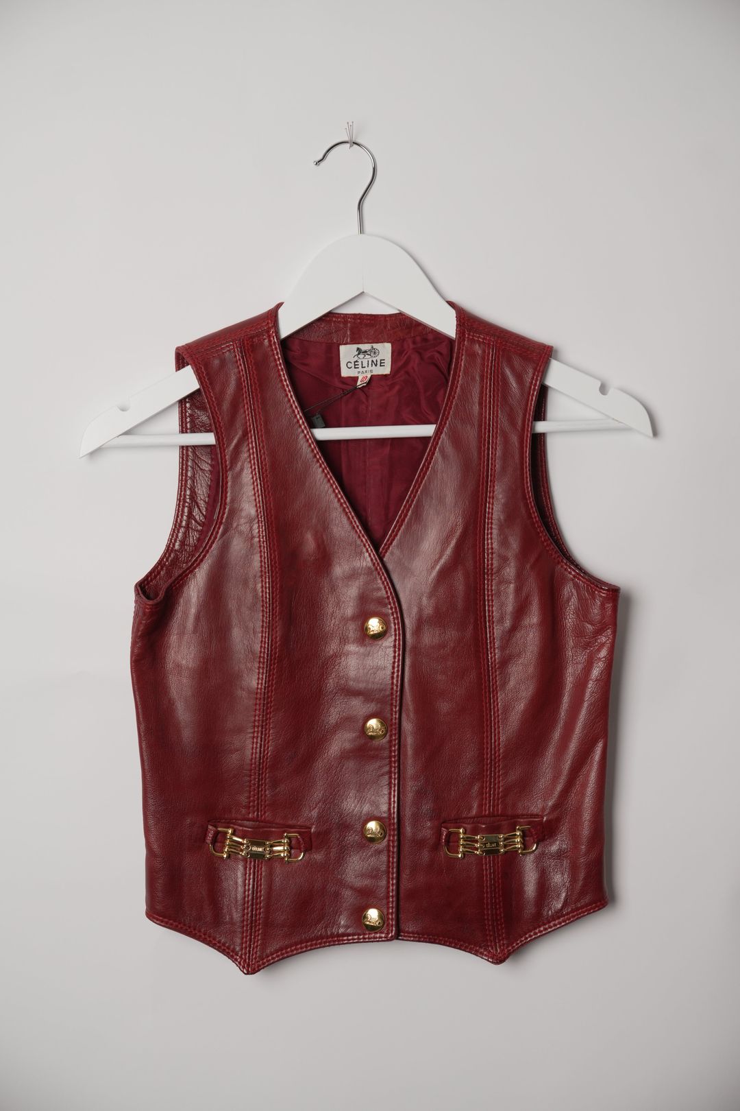 Celine Burgundy Leather Vest with Gold Buttons by CÉLINE in size XS from TOPS category