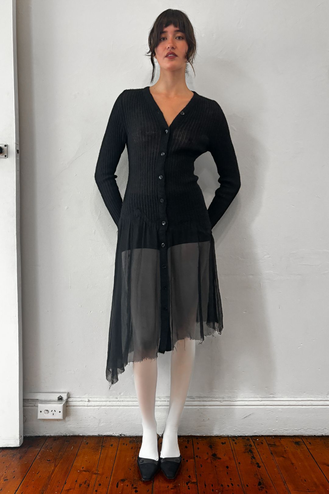 RIBBED LONG SLEEVE SILK & WOOL DRESS by JEAN PAUL GAULTIER in size S from DRESSES category