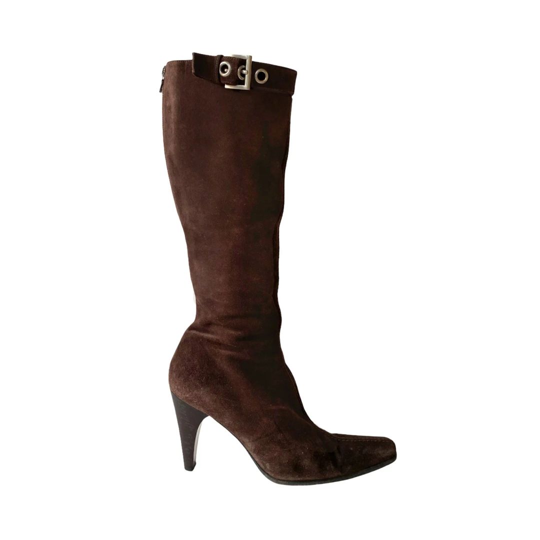 Prada Chocolate Suede Buckle Boots (39) by PRADA in size EU 39 from SHOES category