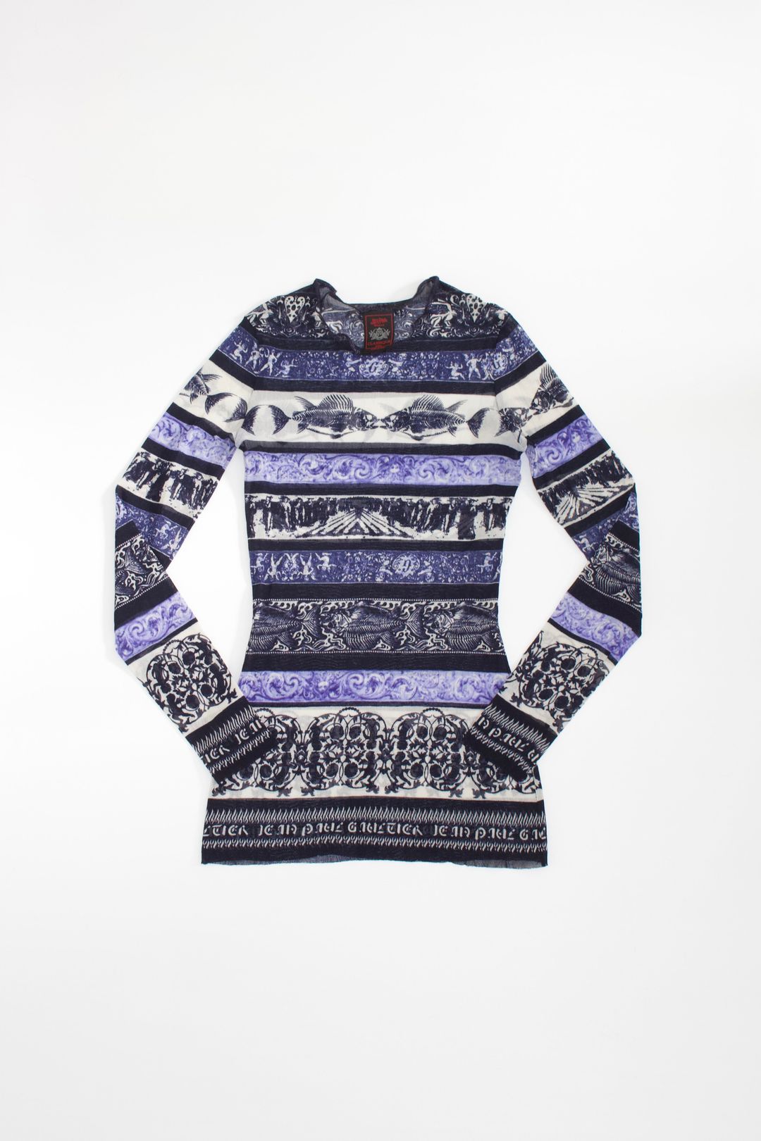 Jean Paul Gaultier 1990s blue printed mesh longsleeve top by JEAN PAUL GAULTIER in size XS from TOPS category