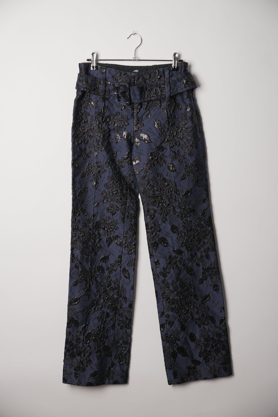 Prada Blue Floral Cloque Wide Leg Pants with Belt FW 2019 by PRADA in size XS from TROUSERS category