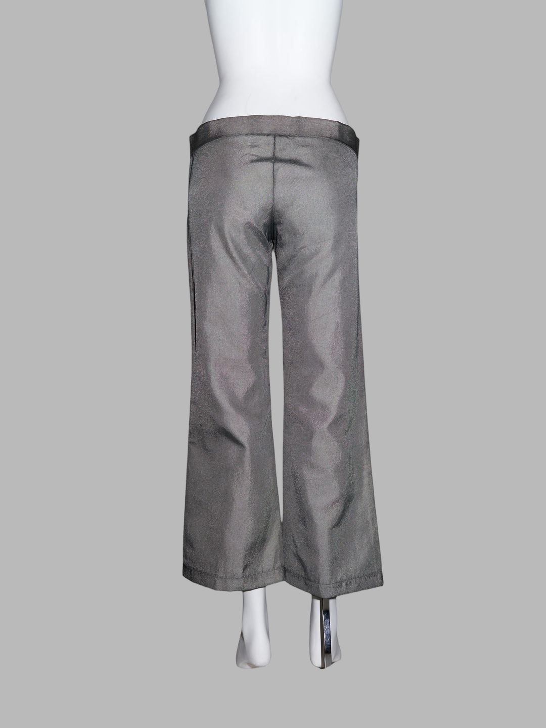 Junya Watanabe winter 1995 cropped silver nylon low rise flared trousers by JUNYA WATANABE in size ONE SIZE from TROUSERS category