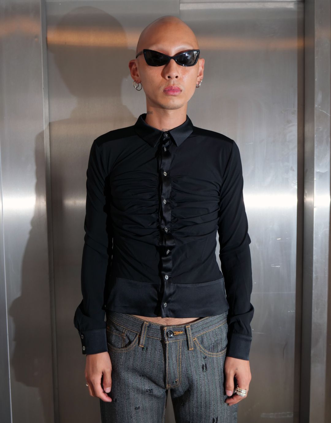 Black Ruched Button Up Silk Shirt by ALLESSADRO DELL'ACQUA in size S from TOPS category