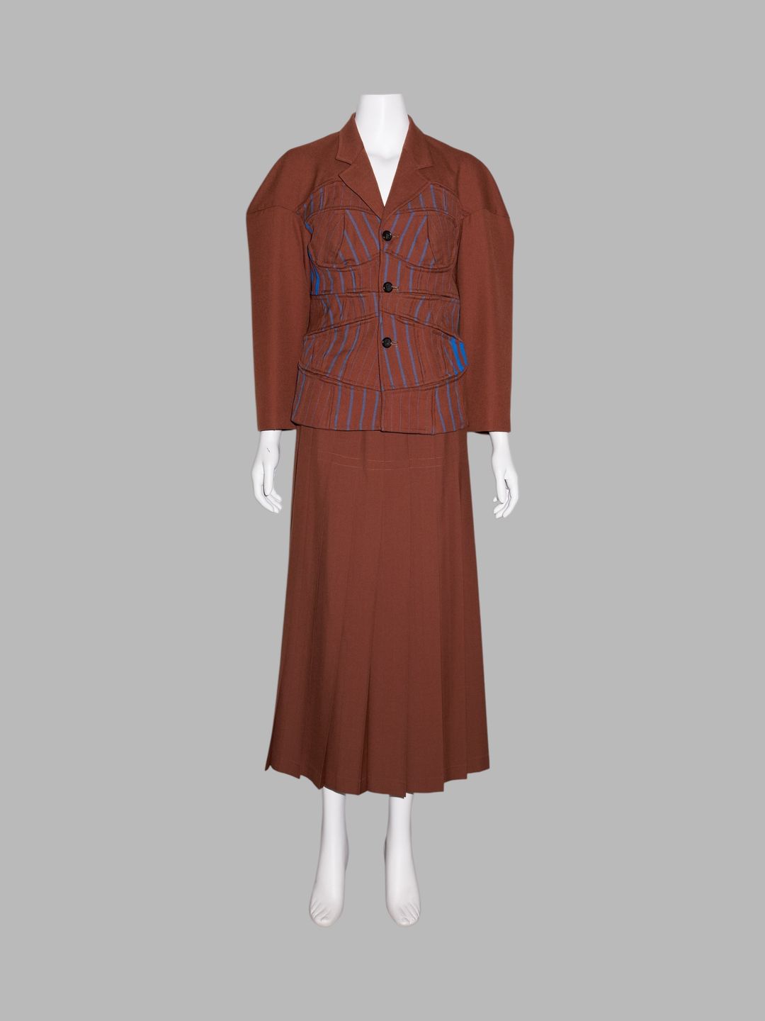 Comme des Garcons winter 1990 brown wool distorted bodice pleated skirt suit by COMME DES GARÇONS in size ONE SIZE from SUITS category