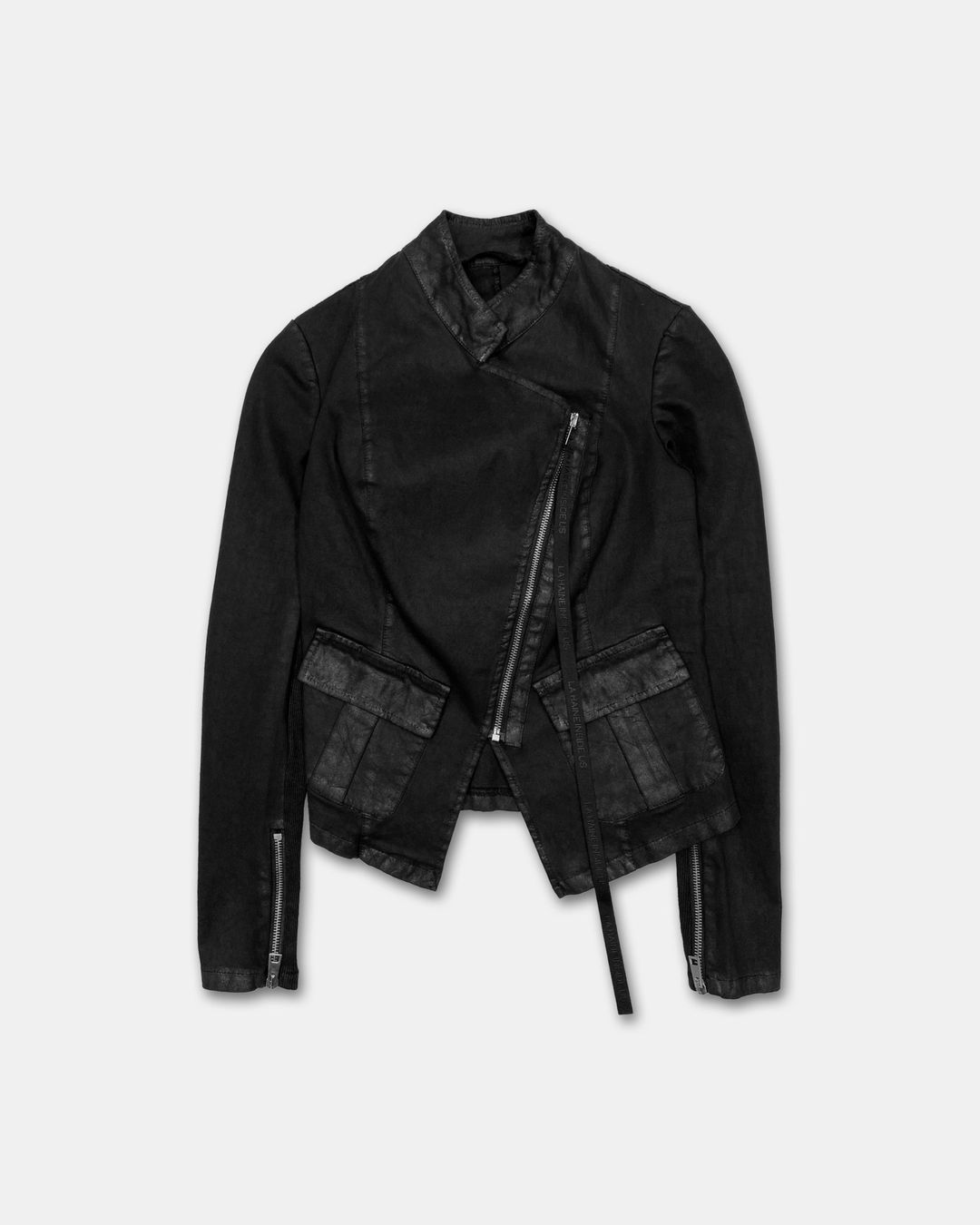 La Haine Inside Us 2020s Waxed Asymmetrical Zip Jacket Black by La Haine Inside Us in size S from COATS & JACKETS category