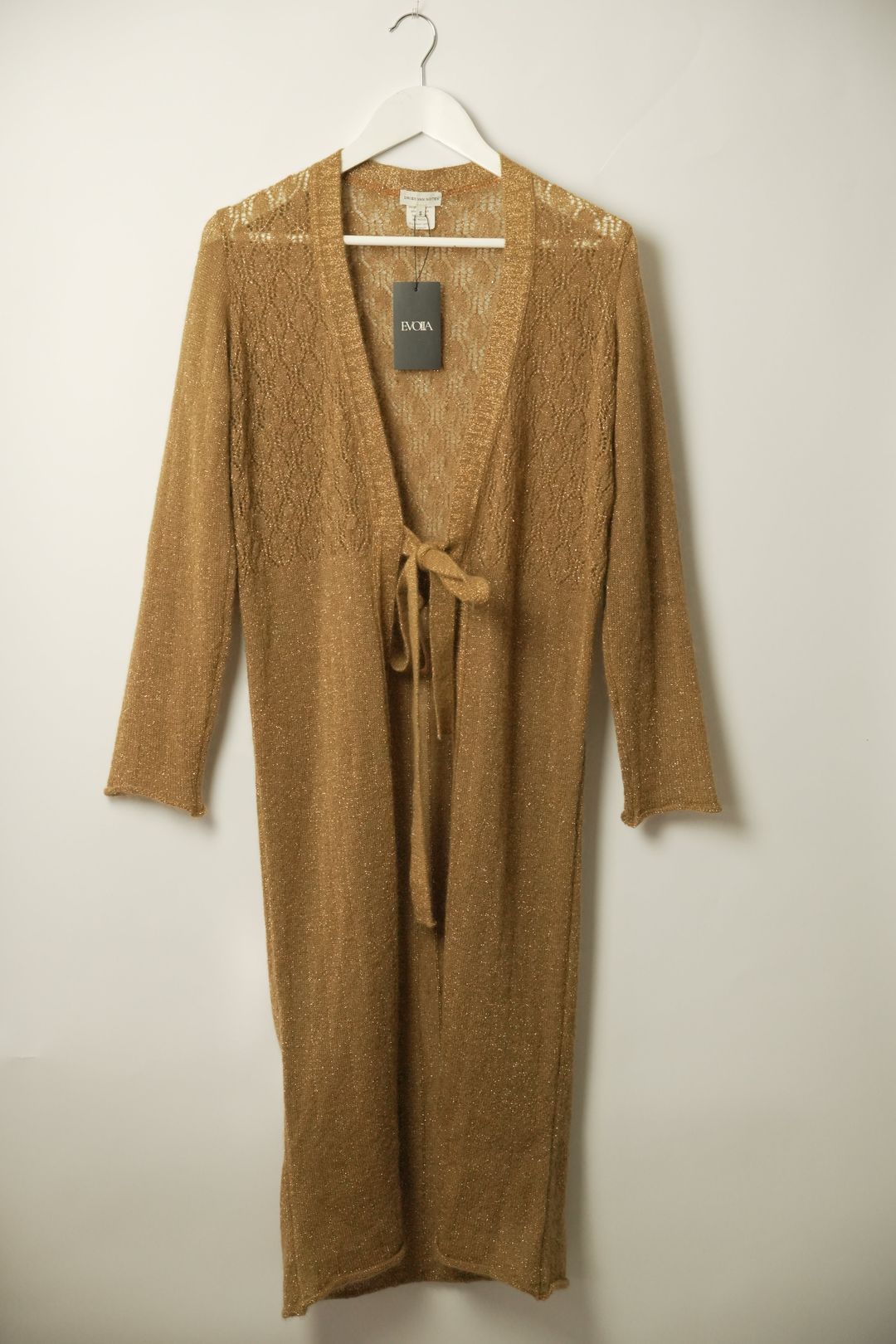 Dries Van Noten Gold LS Longline cardigan w tie by DRIES VAN NOTEN in size S from KNITWEAR category