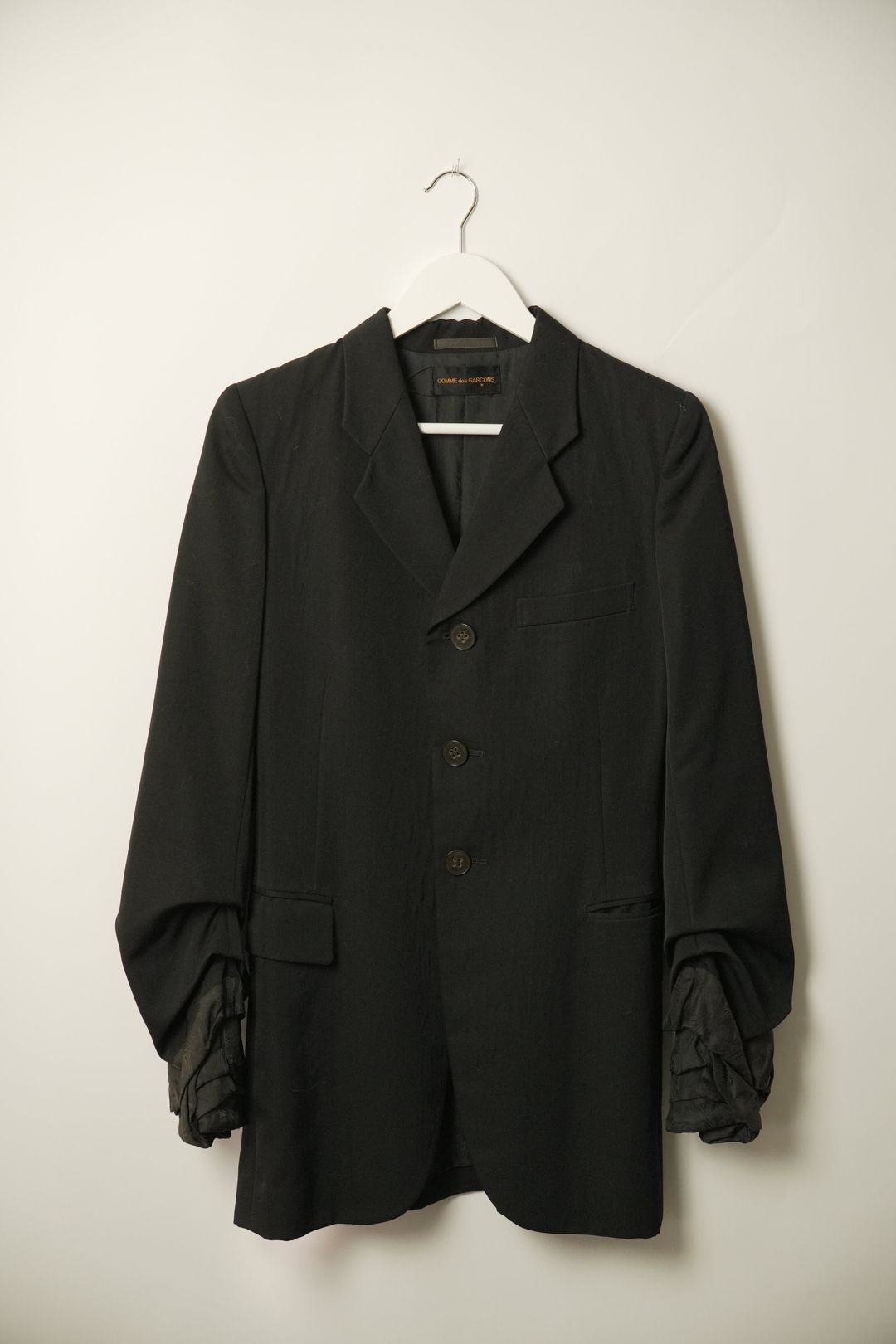 Comme Des Garcons Long Line Single Breasted Blazer w Inside Out Cuffs by COMME DES GARCONS in size XS from COATS & JACKETS category