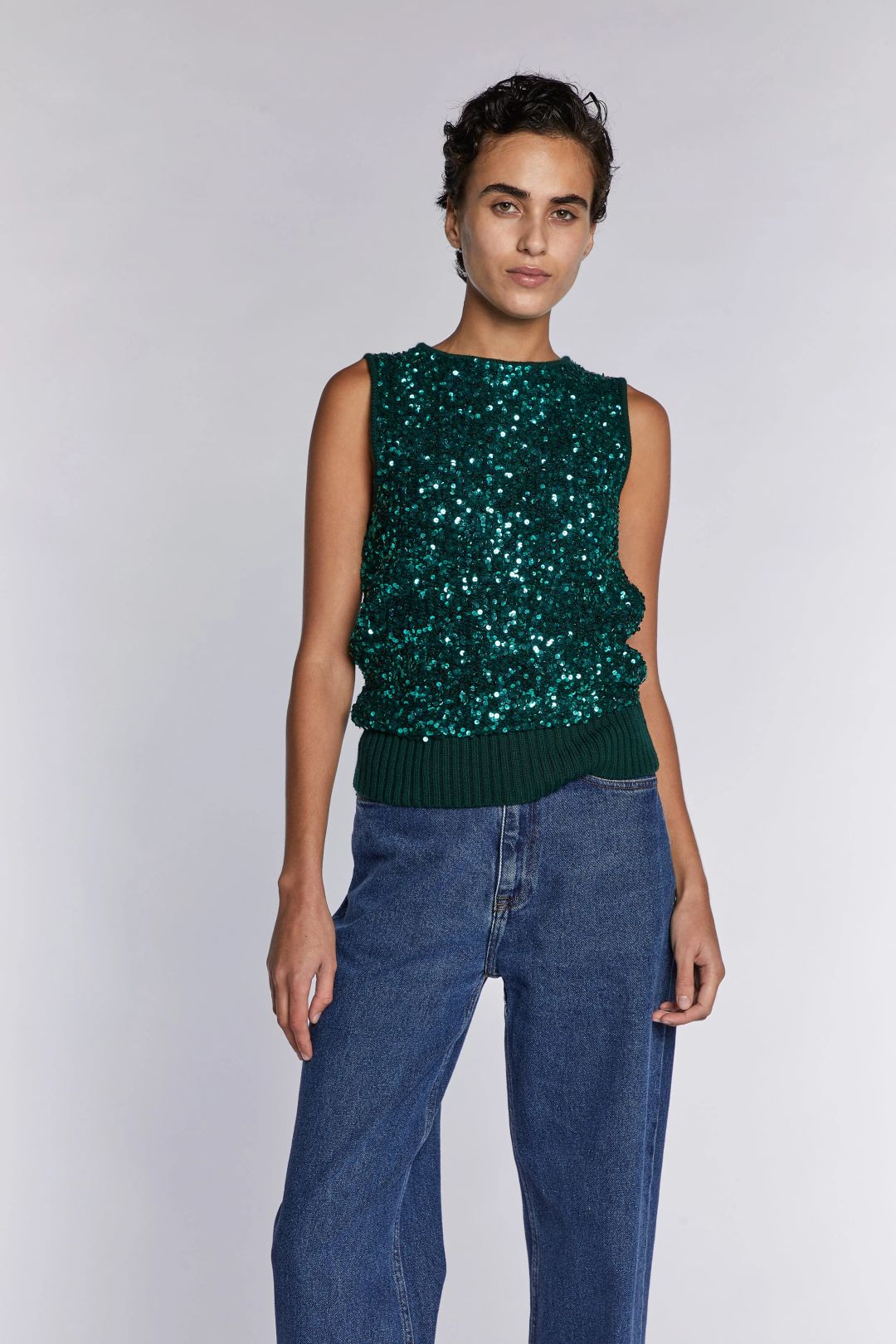 Yves Saint Laurent Rive Gauche Green Sequin Knitted Top 1990s by YVES SAINT LAURENT in size FR 44 from TOPS category