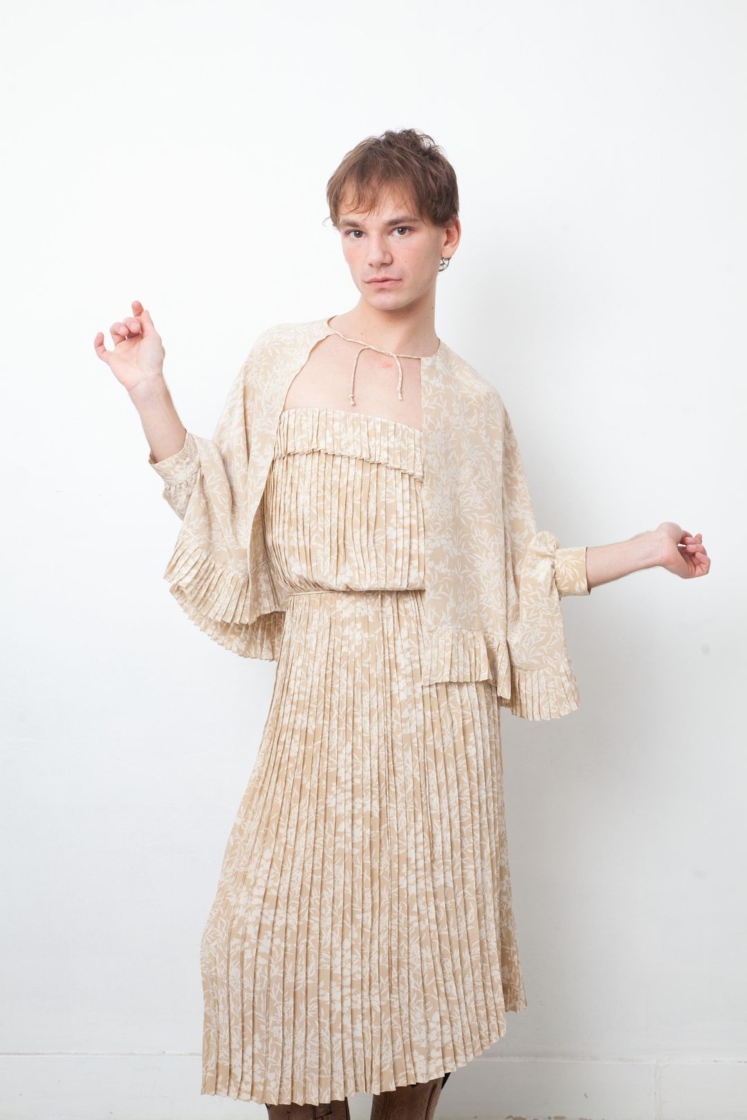 Pierre Cardin 60's silk beige pleated bustier dress with matching bolero jacket by Pierre Cardin in size XS from DRESSES category