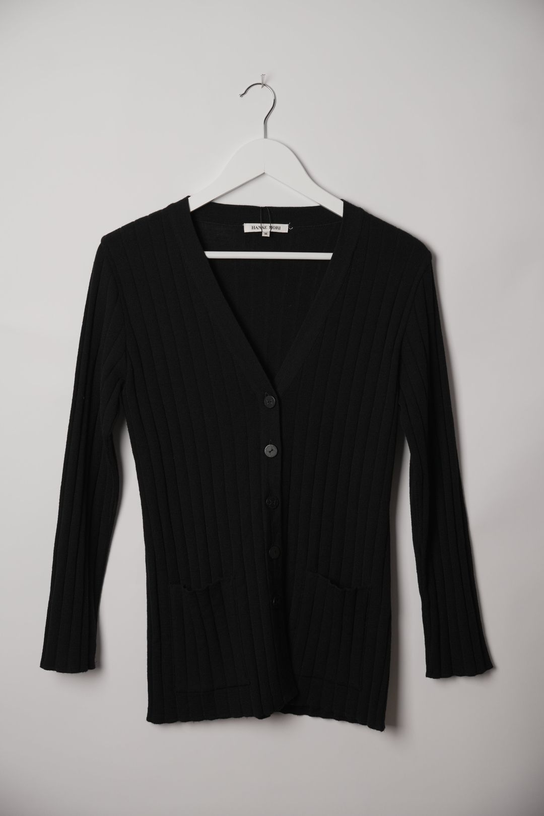 Hanae Mori Black V Neck Button Down Cardigan by VENDOR-UNKNOWN in size M from KNITWEAR category