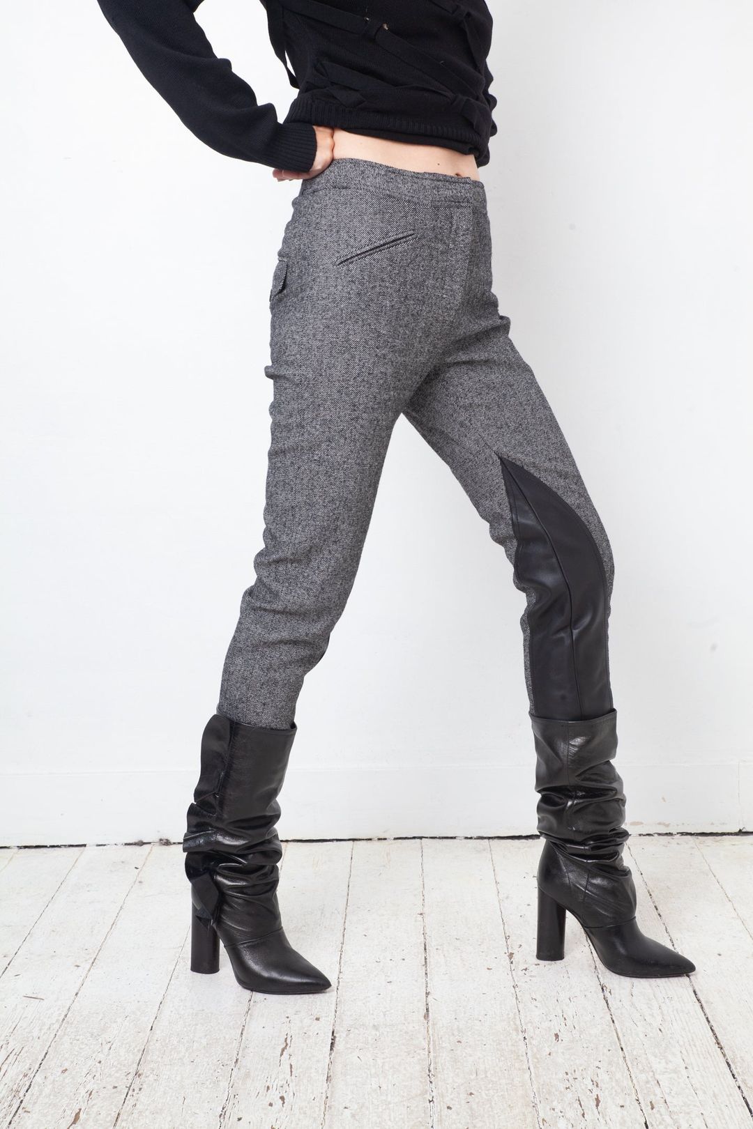 Christian Dior 2000's wool grey riding trousers with leather patches by DIOR in size FR 36 from TROUSERS category