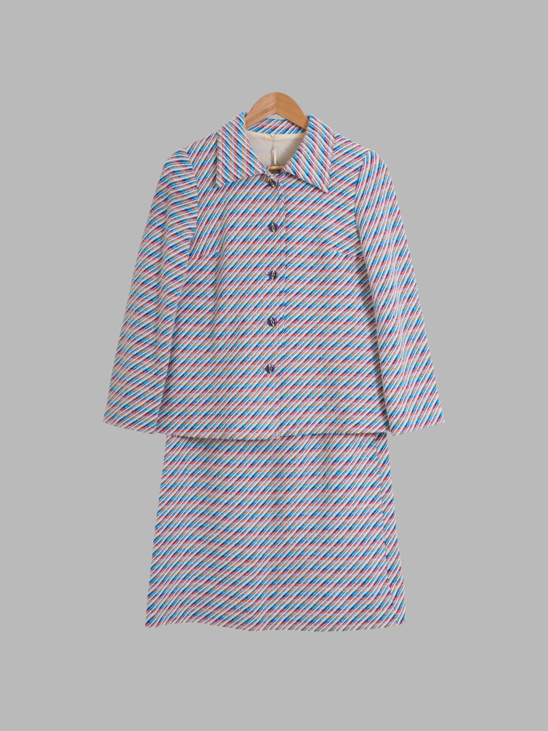 Vintage 1970s blue red white diagonal stripe jacquard knit skirt suit by Vintage in size XS from SUITS category