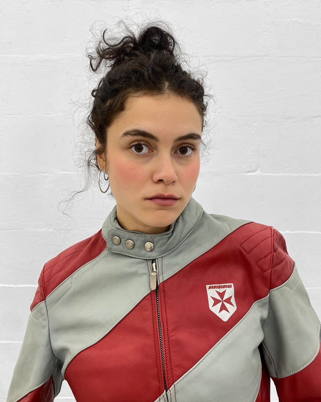 Harro 1980s Diagonal Striped Racing Leather Jacket Red Grey by Harro in size M from COATS & JACKETS category