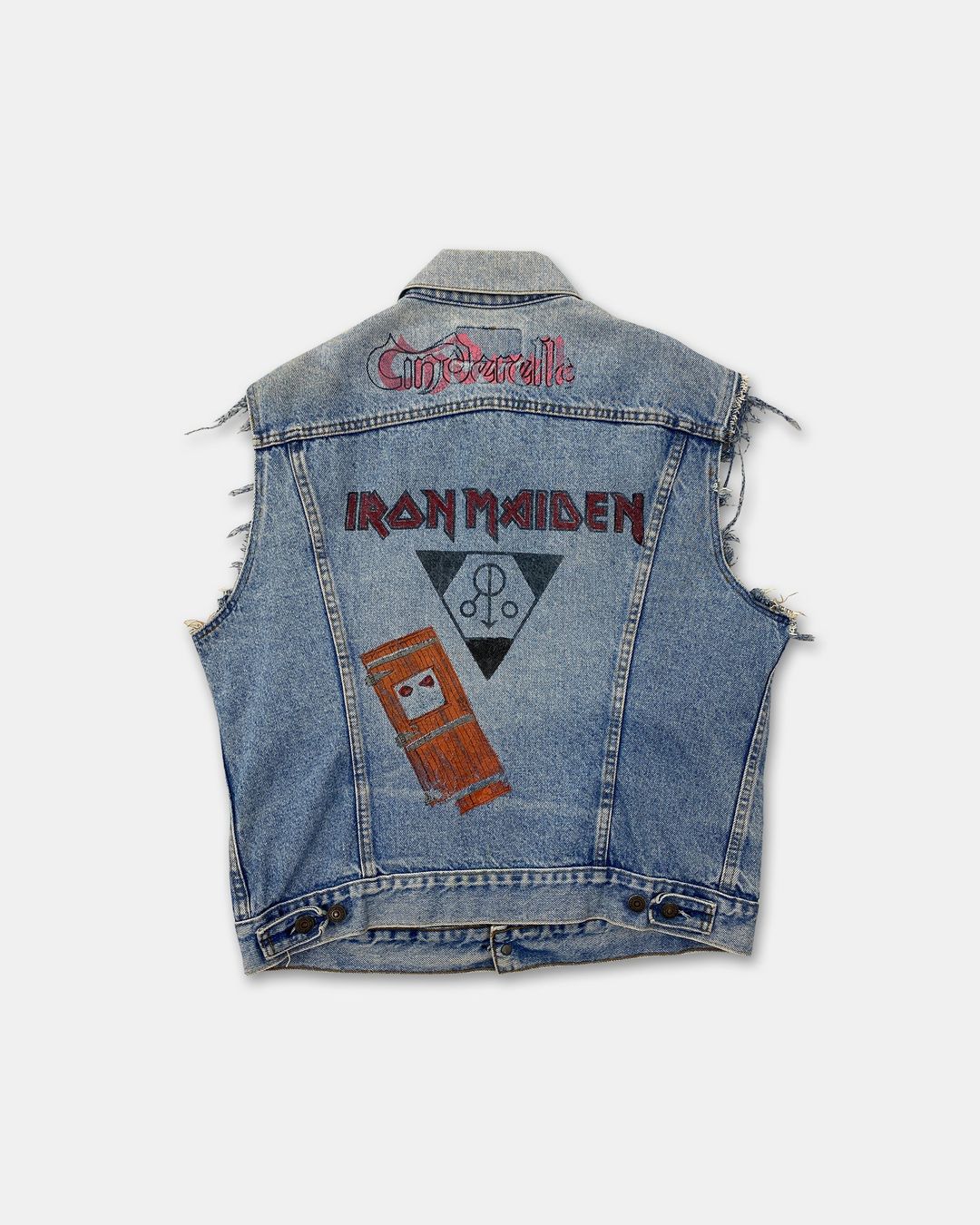 Levis 1980s Custom Band Iron Maiden + Cinderella Cut Off Sleeve Denim Vest Blue by Levis in size L from TOPS category