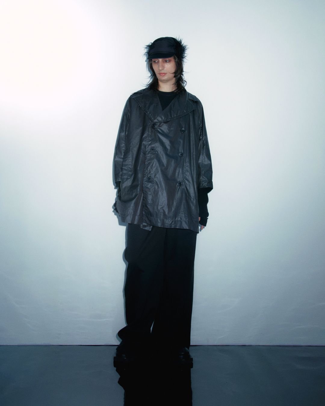 Wet Look Grey Oversized Trench by ISSEY MIYAKE in size ONE SIZE from COATS & JACKETS category