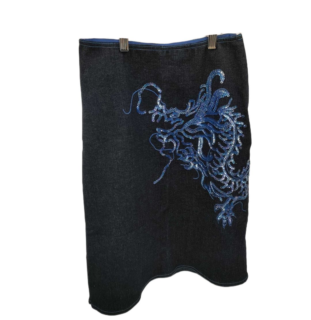 Vivienne Tam Denim A Line Skirt w Sequin Dragon by VENDOR-UNKNOWN in size S from SKIRTS category