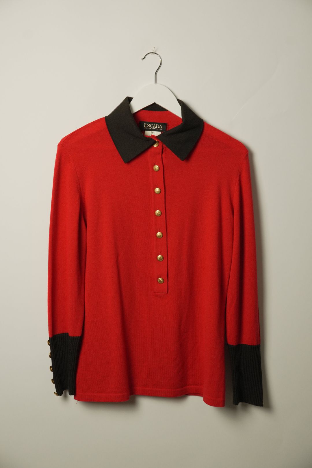 Escada Red Gold Button Down LS Collared Knit by ESCADA in size S from TOPS category