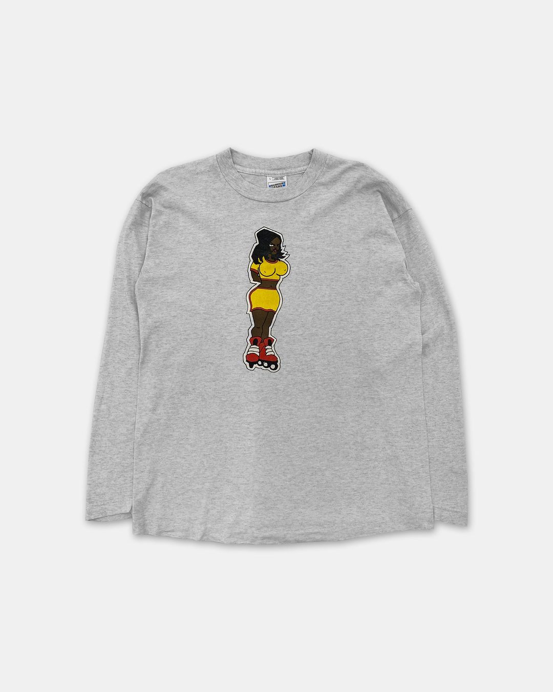 Vintage 1990s Longsleeve Roller Skate Girl Single Stitched T-Shirt Lightgrey by Vintage in size L from TOPS category