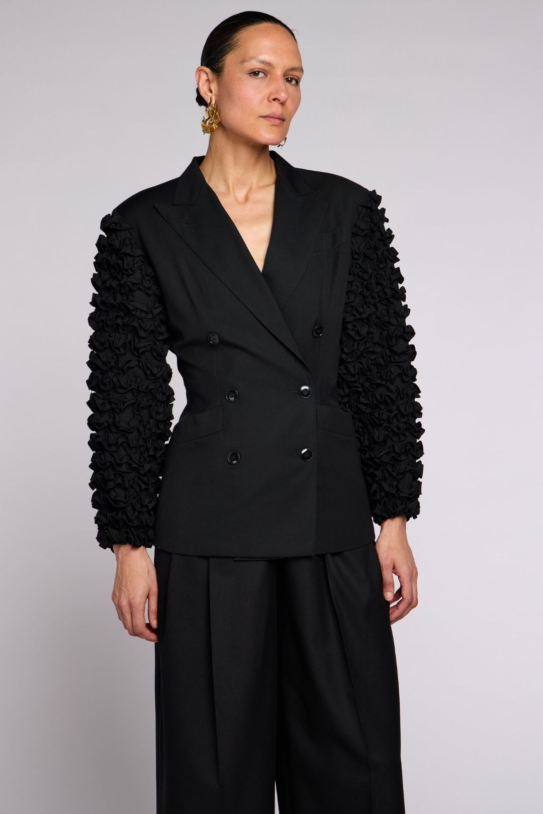 Jean Paul Gaultier 1990s Black Ruffle Sleeve Cinched Jacket by JEAN PAUL GAULTIER in size IT 42 from COATS & JACKETS category