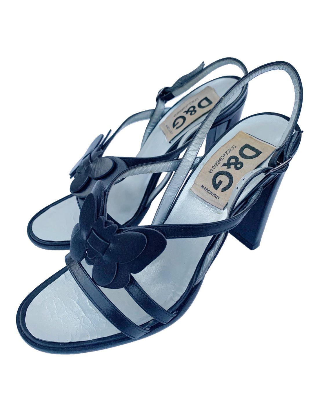 SS 1998 Dolce and Gabbana D&G black leather sandals with butterfly appliqués by DOLCE & GABBANA in size EU 38 from SHOES category