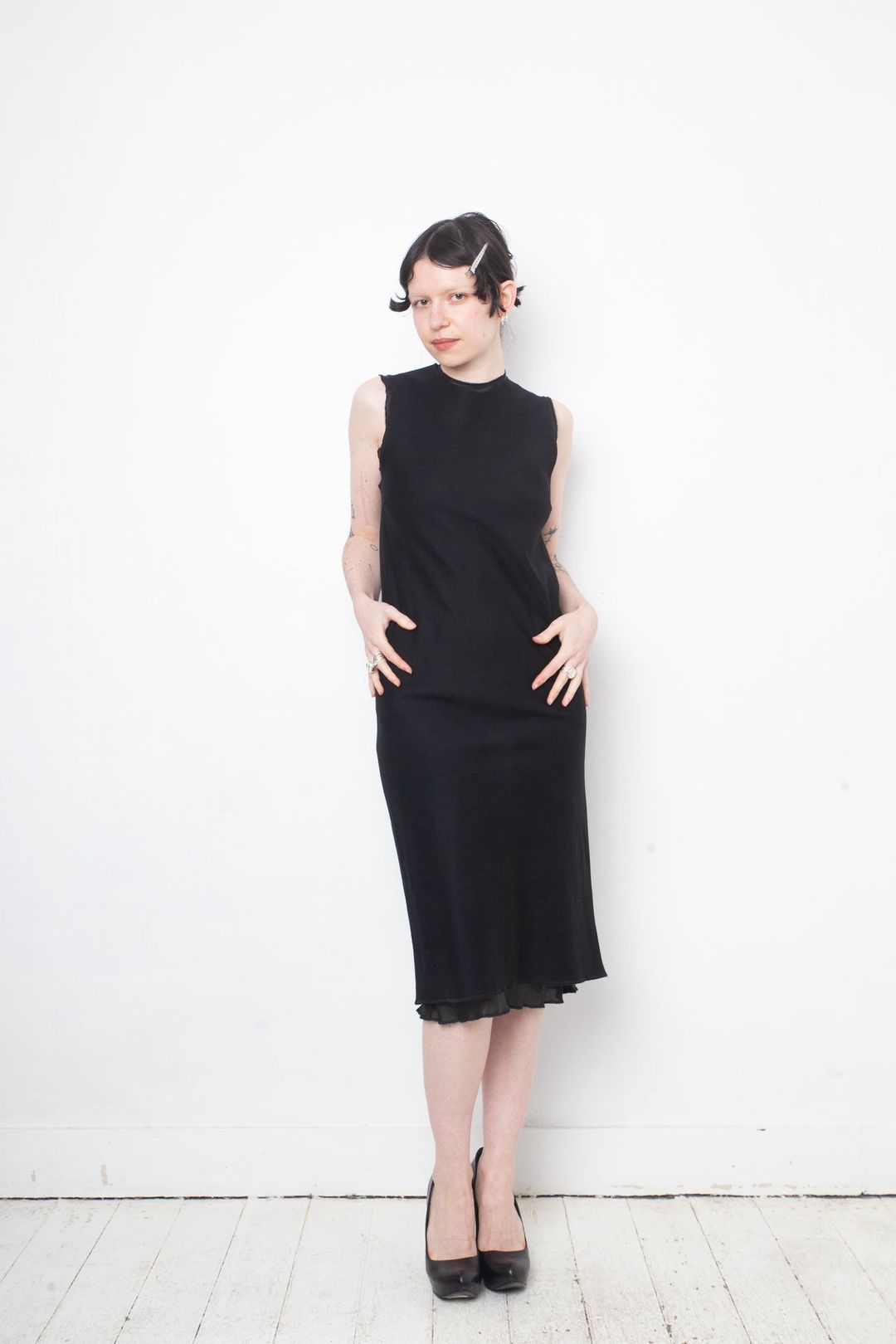 Jean Colonna 90's black wool slip dress with deep back slit and visible lining by Jean Colonna in size IT 44 from DRESSES category