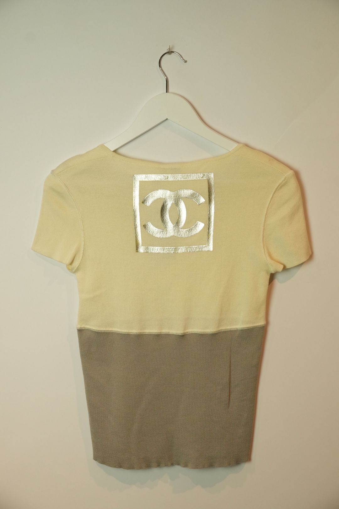 Chanel Knit Logo Two Tone White Grey Tee by CHANEL in size S from TOPS category