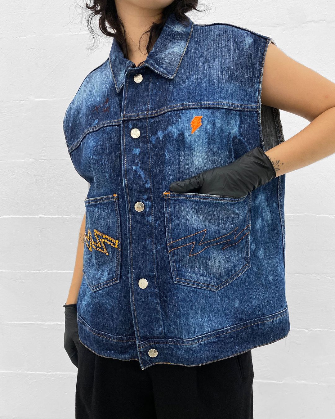 W.&L.T. Walter van Beirendonck 1990s Rhinestones Acid Wash Denim Vest Blue by W.&L.T. Walter van Beirendonck in size XL from TOPS category