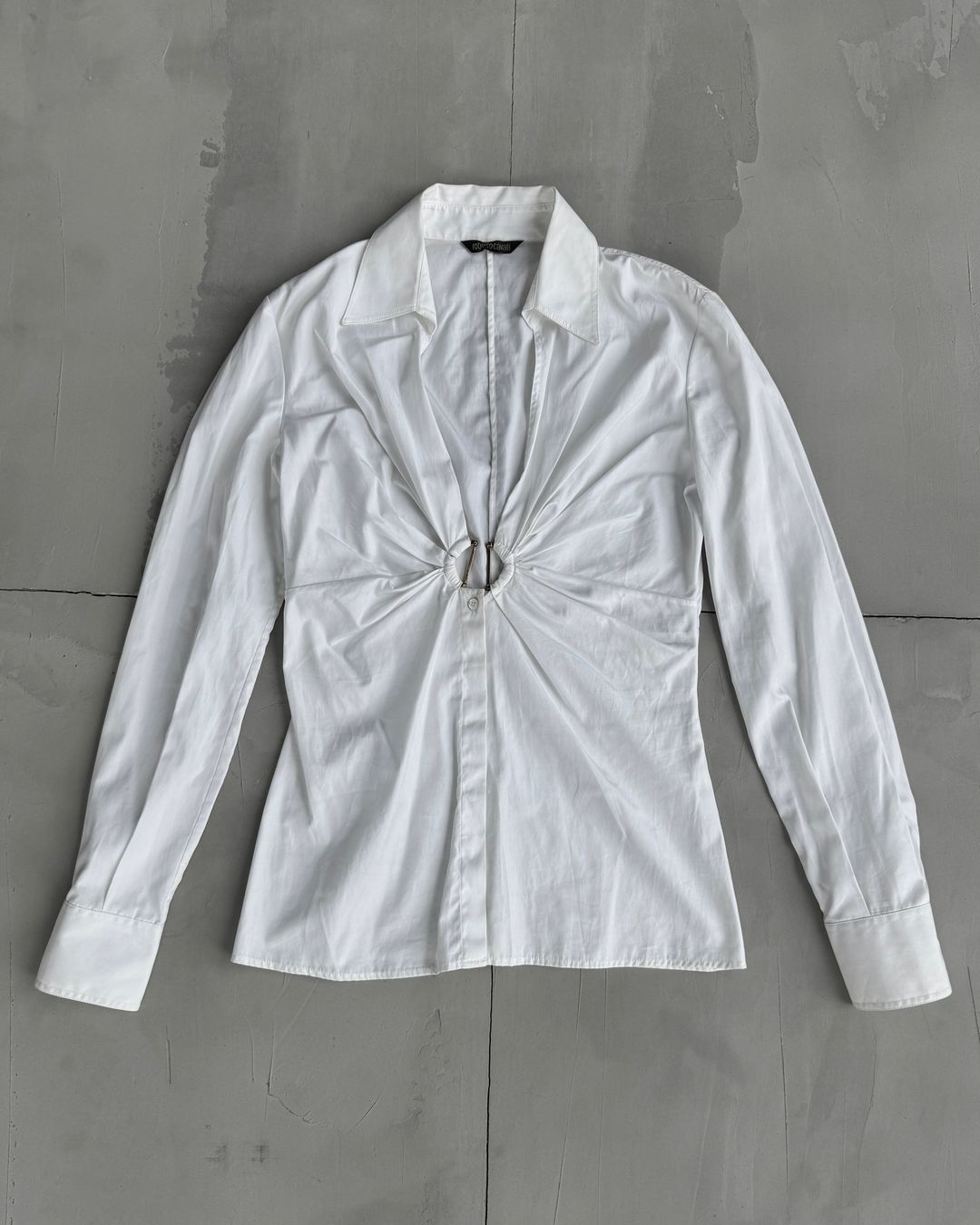 ROBERTO CAVALLI AW07 RUCHED PLUNGING NECKLINE WHITE SHIRT - M by ROBERTO CAVALLI in size XS from TOPS category