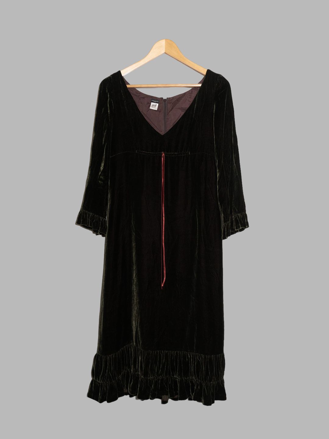 Elspeth Gibson 1990s dark olive green crushed velvet ruffle dress - size 8 by Elspeth Gibson in size AU/UK 8 from DRESSES category