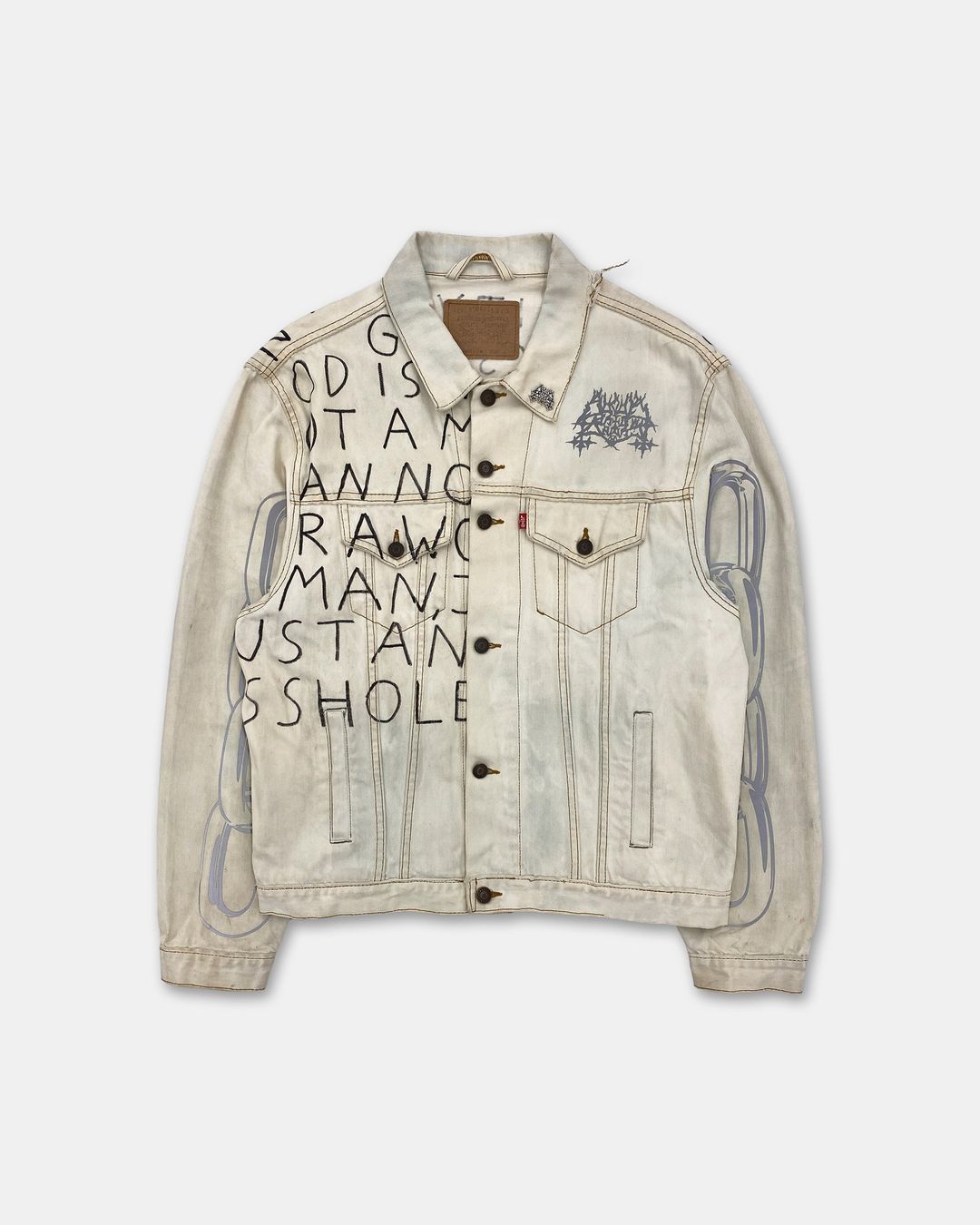 Sucuk & Bratwurst x Maison Hefner 2018 1of1 Printed and Handwritten Denim Jacket White by Sucuk & Bratwurst x Maison Hefner in size L from COATS & JACKETS category