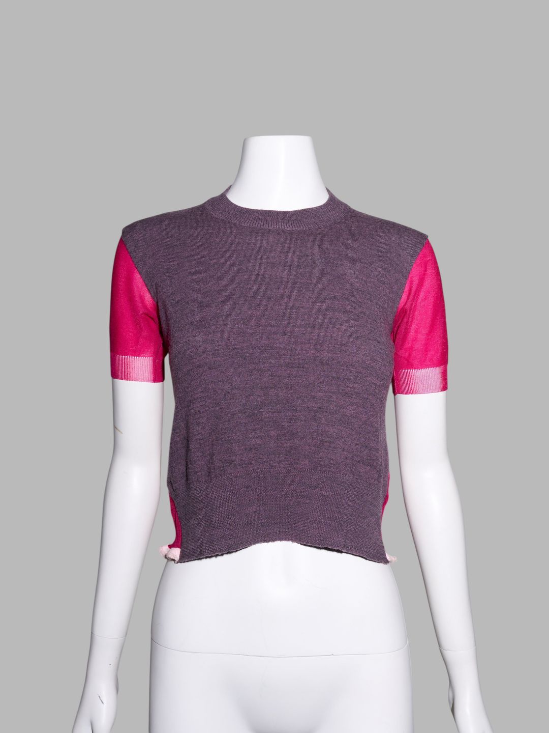 Junya Watanabe spring 1996 purple wool knit t-shirt with sheer pink nylon back by JUNYA WATANABE in size ONE SIZE from TOPS category