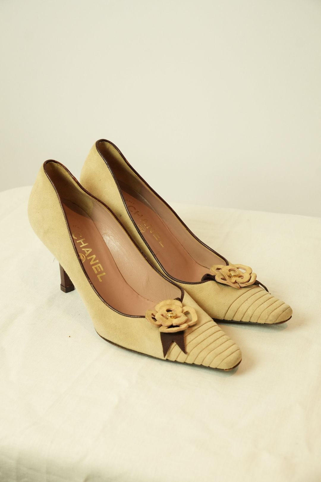 Chanel Camelia Flower Suede Beige sz 36.5 heels by CHANEL in size EU 36 from SHOES category
