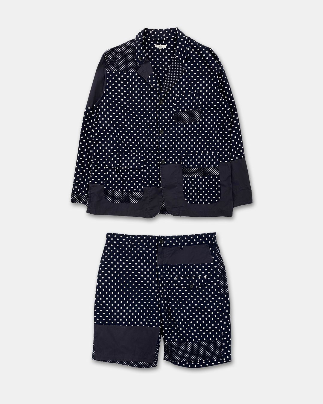 Engineered Garments SS2019 Polka Dot Cotton Blazer Jacket and Shorts Set Navy by Engineered Garments in size XL from SUITS category