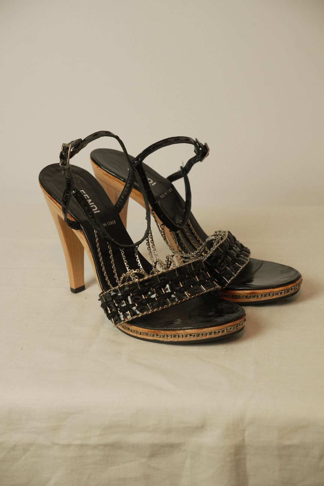 Fendi Chain Strap Heels w Metal Chain Logo Platform Sz37.5 by FENDI in size EU 37 from SHOES category