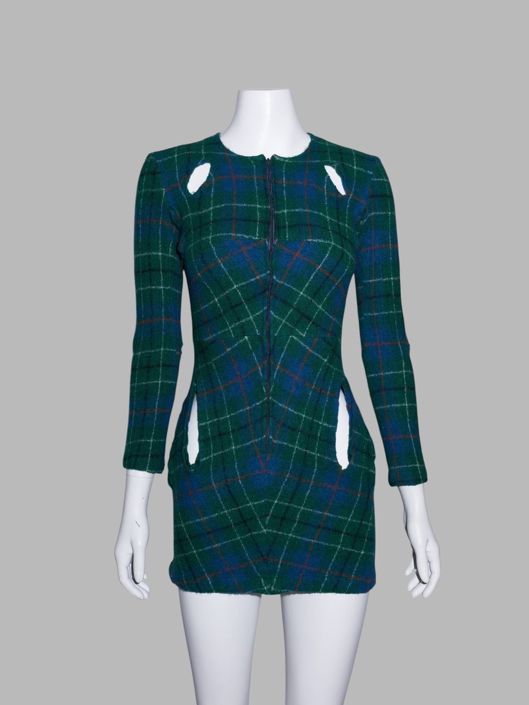 Junya Watanabe spring 1996 green plaid boiled wool slashed cut out mini dress by JUNYA WATANABE in size ONE SIZE from DRESSES category