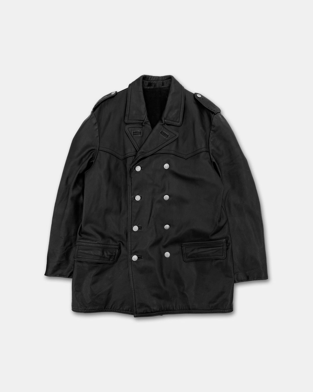 Vintage 1970s Double Breasted Long Leather Jacket Black by Vintage in size L from COATS & JACKETS category