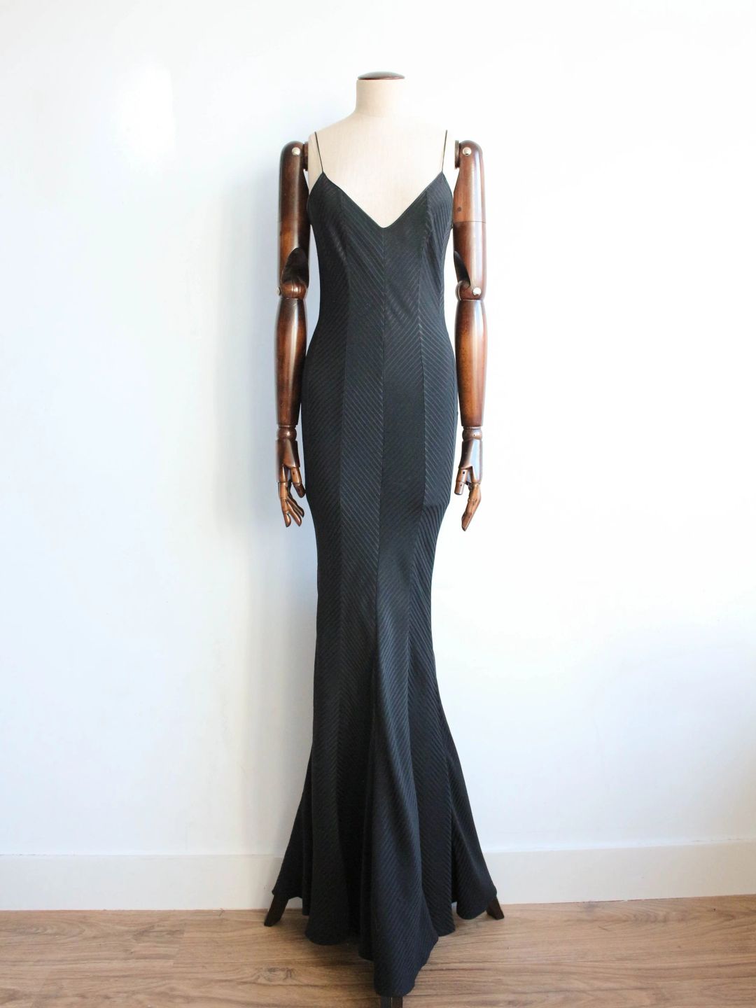 John Galliano Black Chevron Panelled Bias Fishtail Gown by JOHN GALLIANO in size FR 38 from DRESSES category
