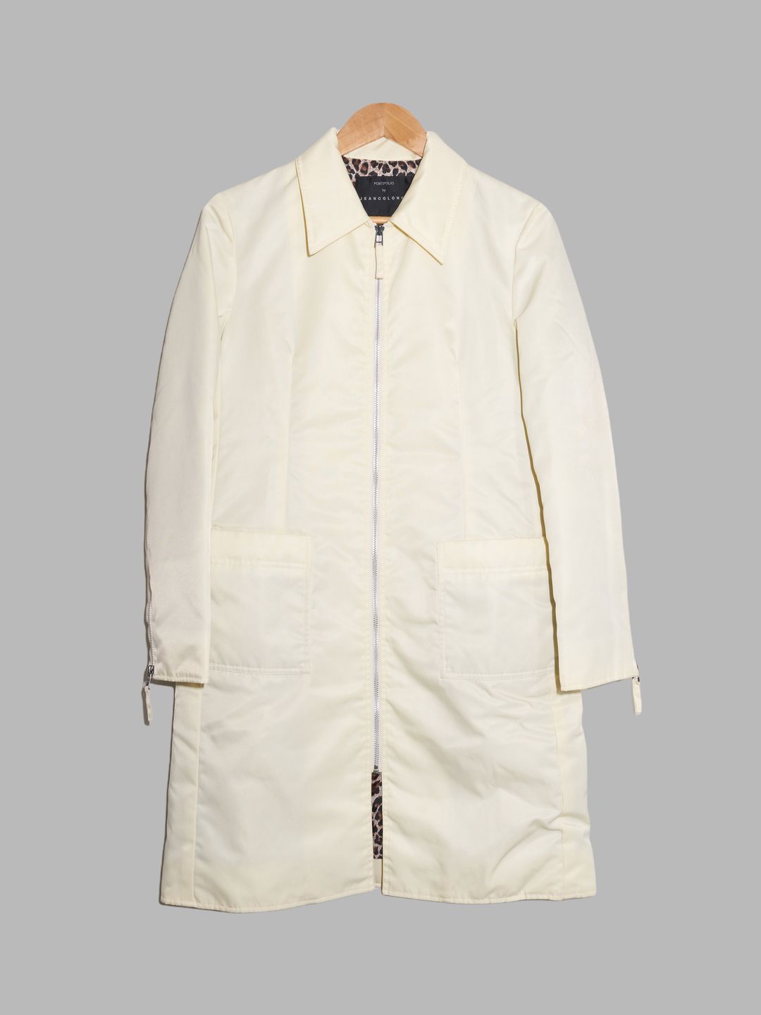 Portfolio by Jean Colonna cream nylon zip coat with leopard print lining by Jean Colonna in size IT 40 from COATS & JACKETS category