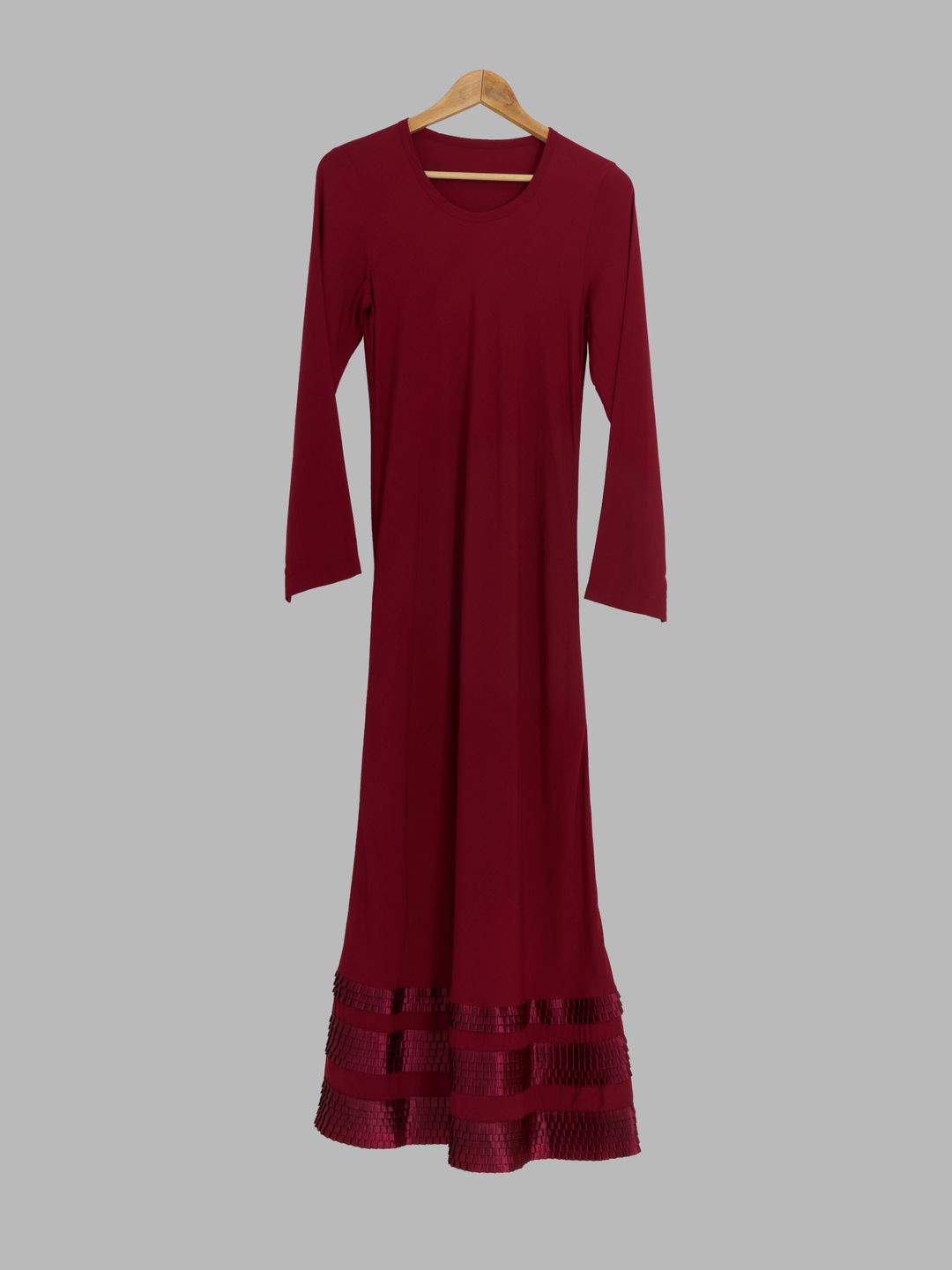 Comme des Garcons 1994 burgundy round neck frilled hem maxi dress by COMME DES GARÇONS in size ONE SIZE from DRESSES category