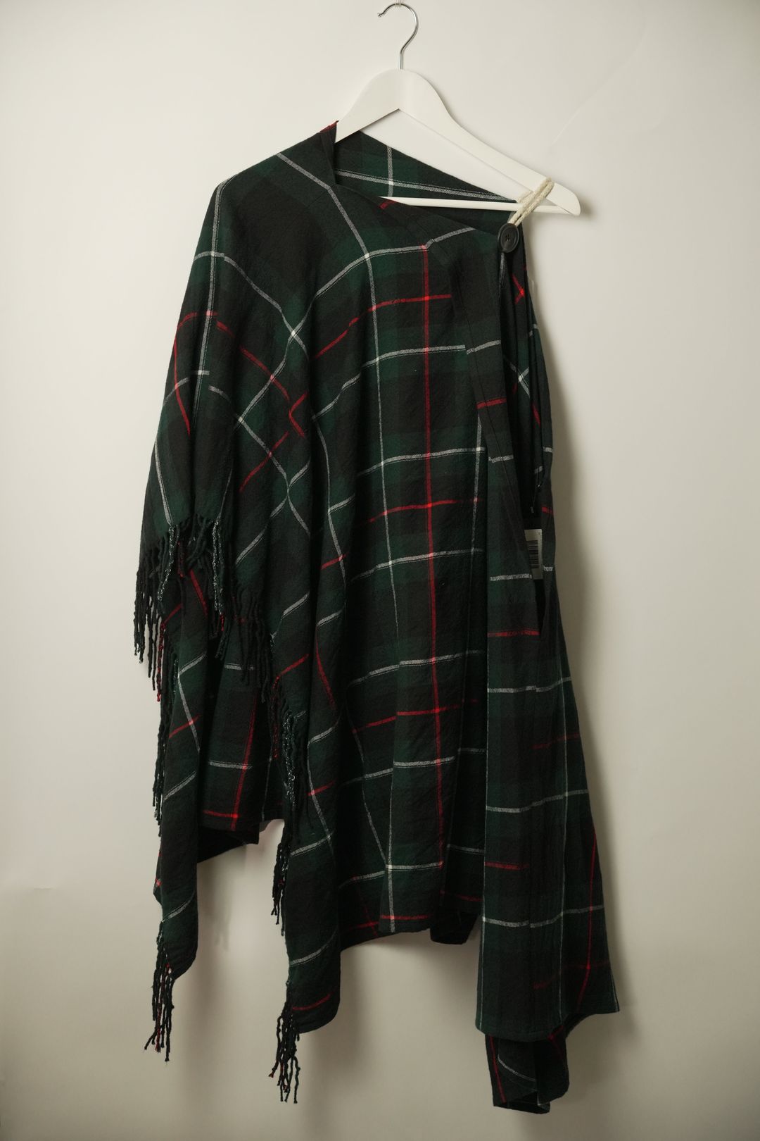 Y's Wool Tartan Check fringe blanket flare sleeve poncho top by VENDOR-UNKNOWN in size ONE SIZE from TOPS category