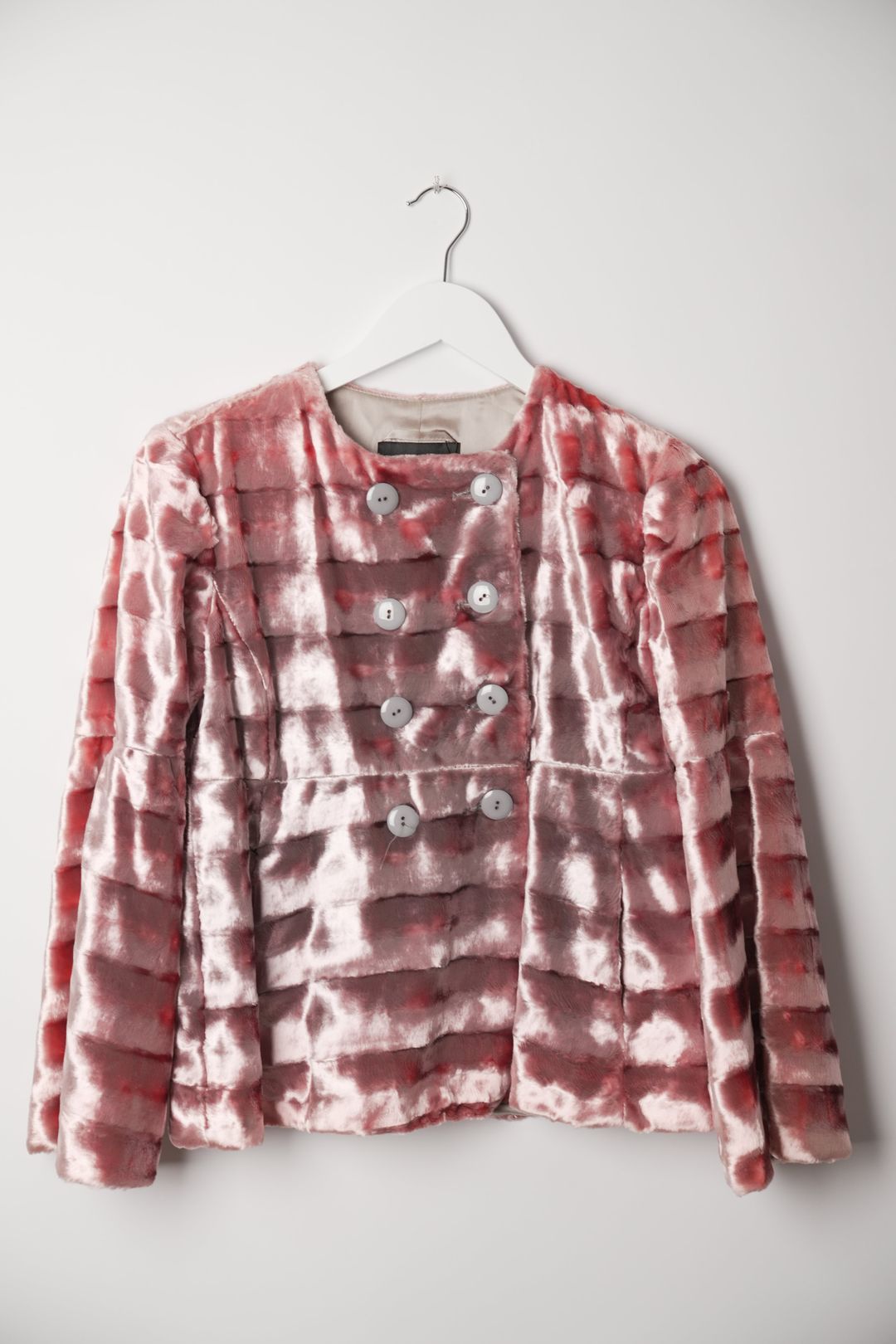 Emporio Armani Pink Velvet Collarless Double Breasted Blazer by GIORGIO ARMANI in size S from TOPS category