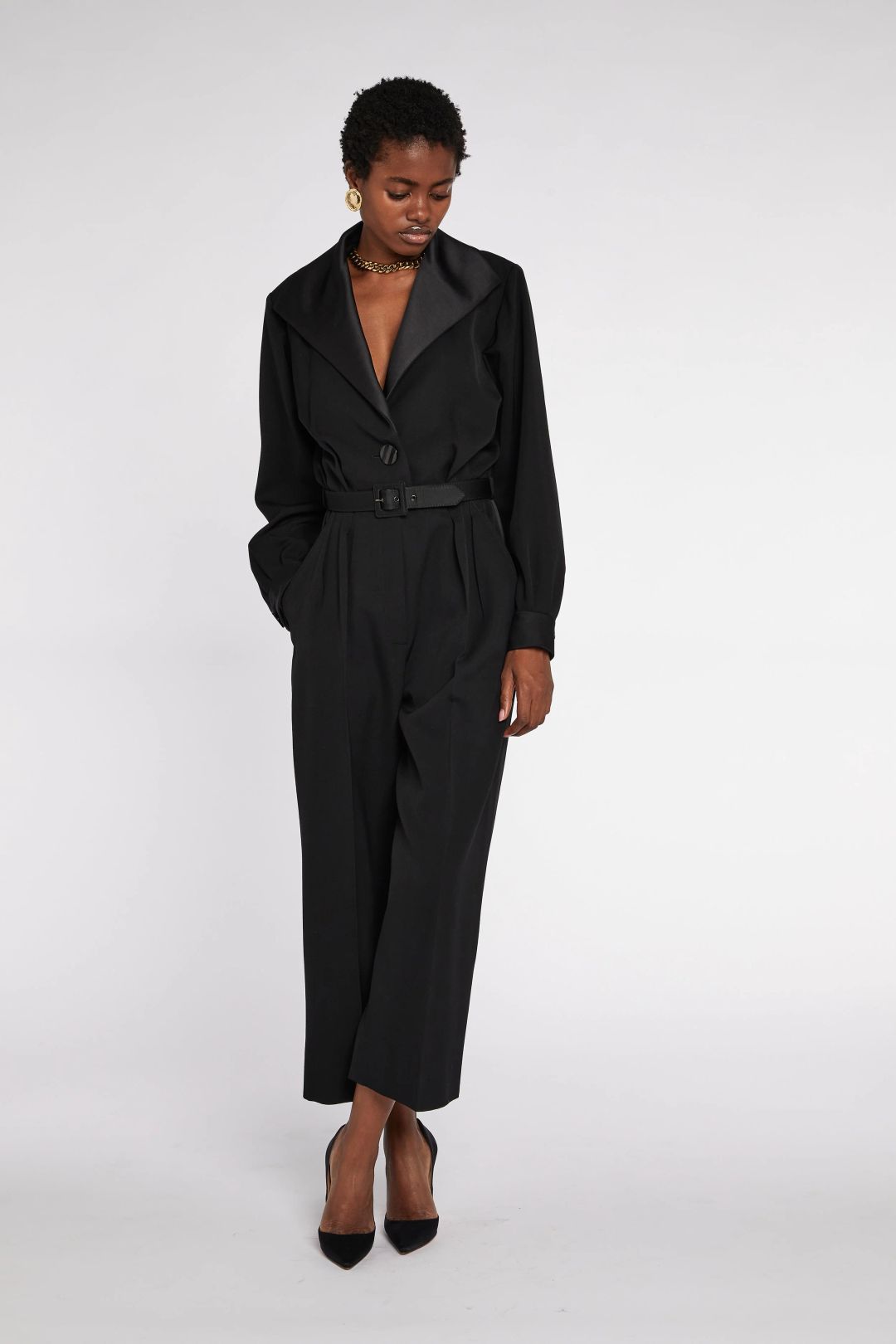 Yves Saint Laurent Rive Gauche Triangular Lapel Le Smoking Jumpsuit A/W 1993 by YVES SAINT LAURENT in size FR 38 from JUMPSUITS & PLAYSUITS category