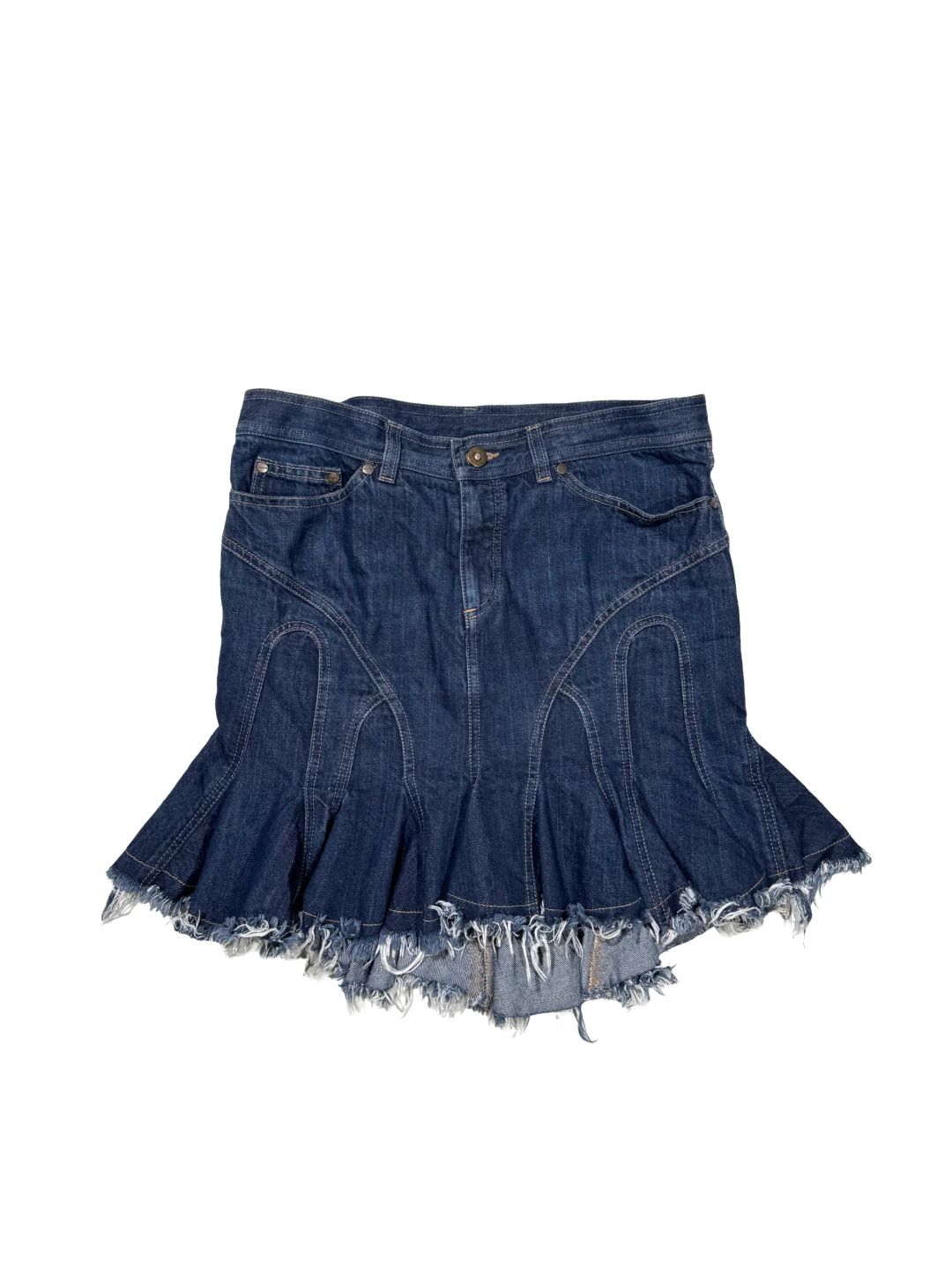 Alexander McQueen SS 2004 Deliverance Distressed Denim Skirt by ALEXANDER MCQUEEN in size IT 42 from SKIRTS category